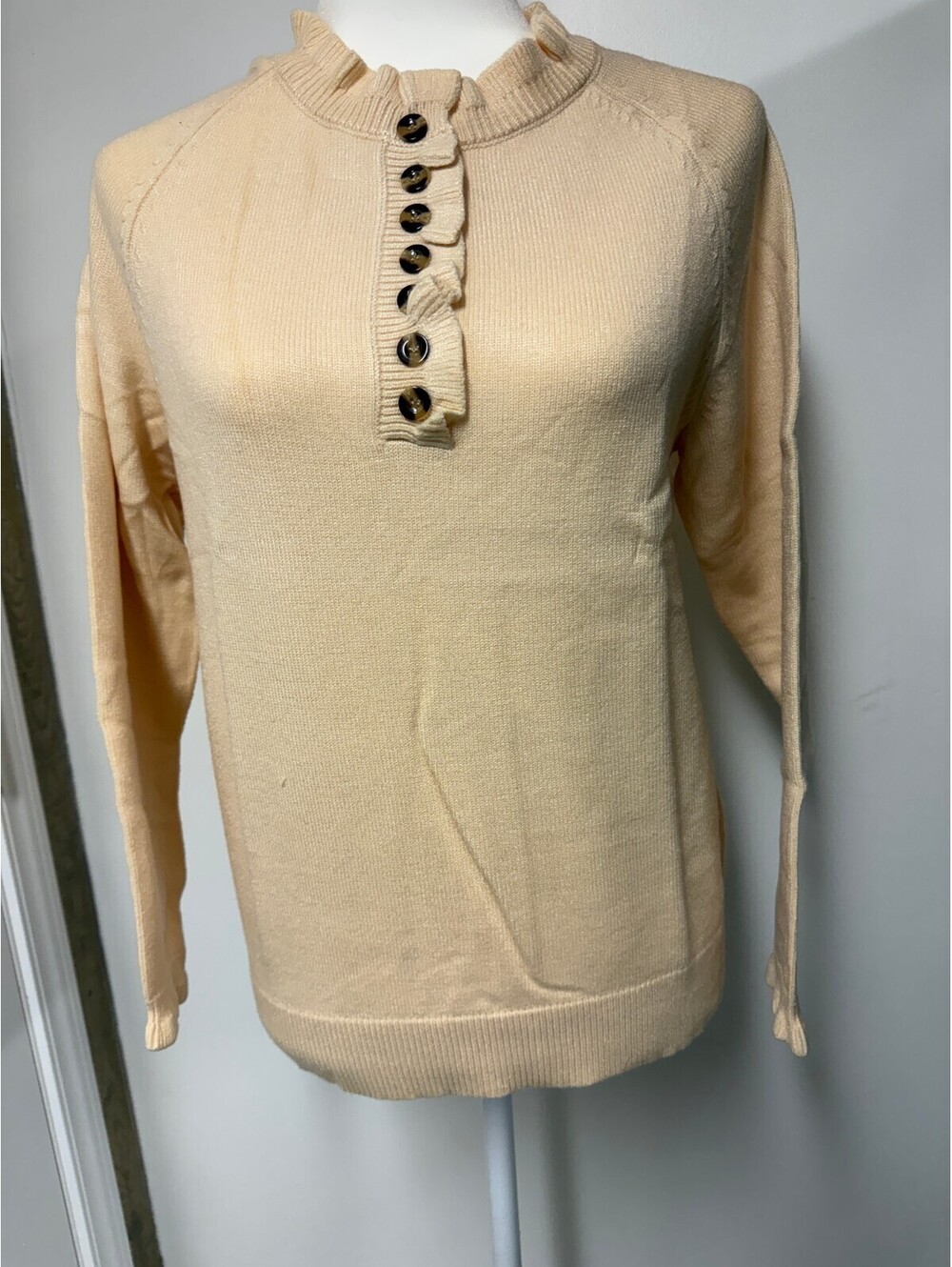 BTFBM Women's Cream Ruffle Collar Pullover Sweater with Button Detail - XL
